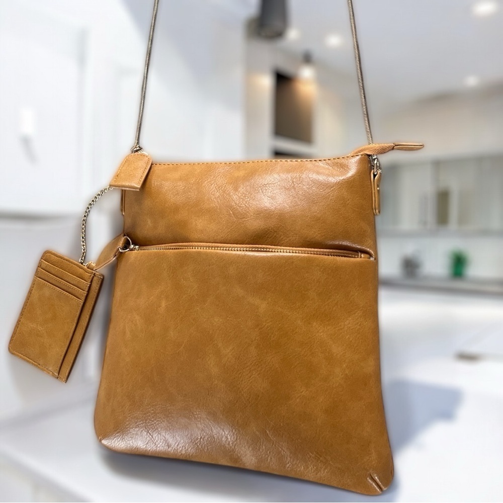 Ahdorned Tan Vegan Leather Crossbody Bag Gold Accent Chain Strap Card Holder